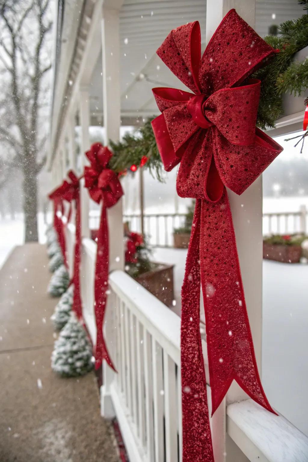 Red accents adding vibrant splashes of color to the porch.