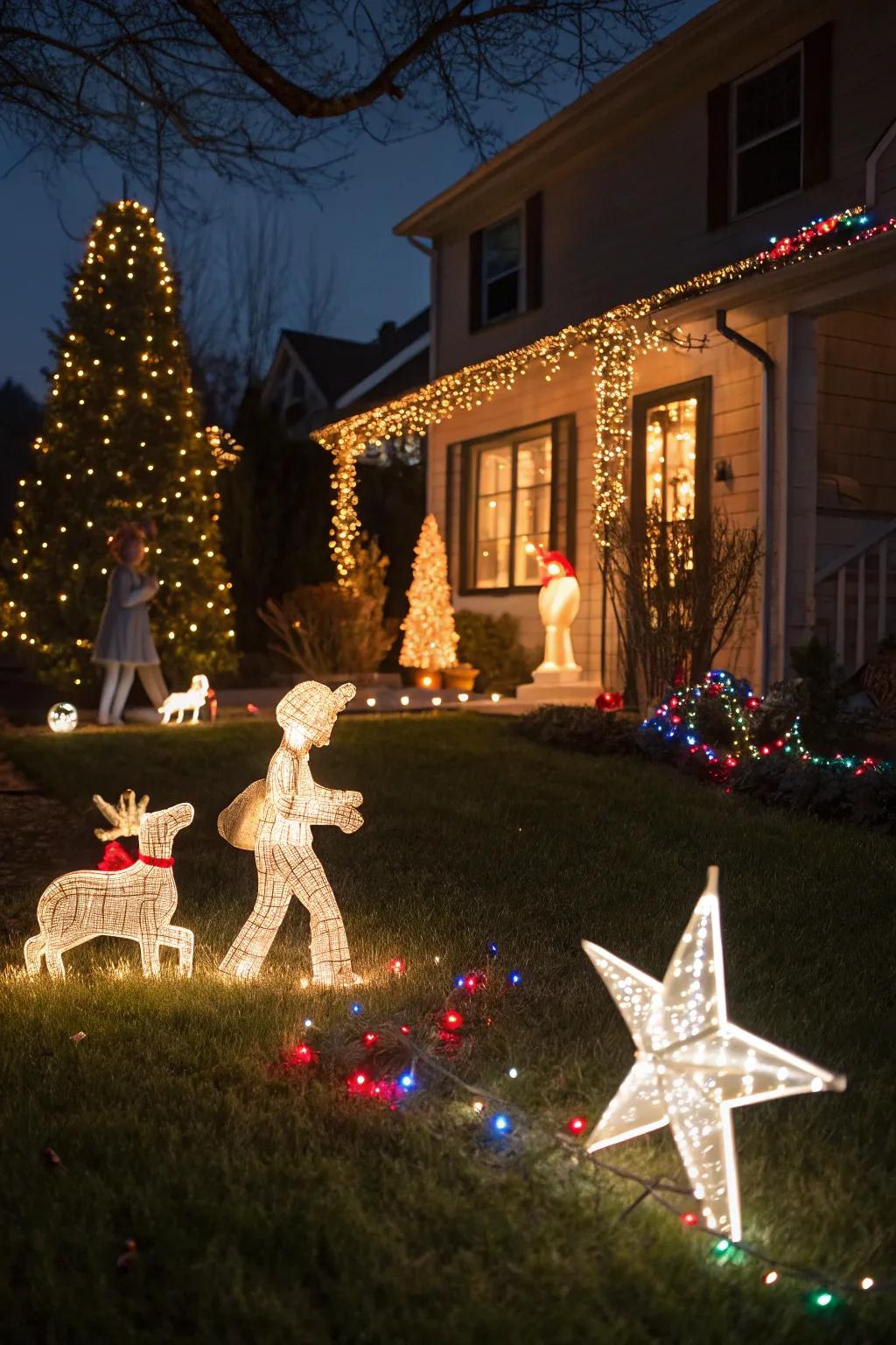 Luminous figures and celestial bodies crafting a fanciful Christmas garden vista.