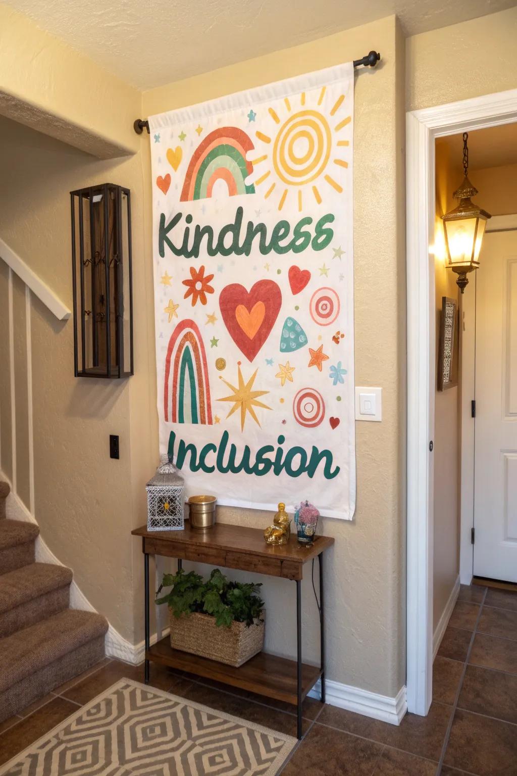 Kindness and inclusion poster welcoming guests in an entryway.