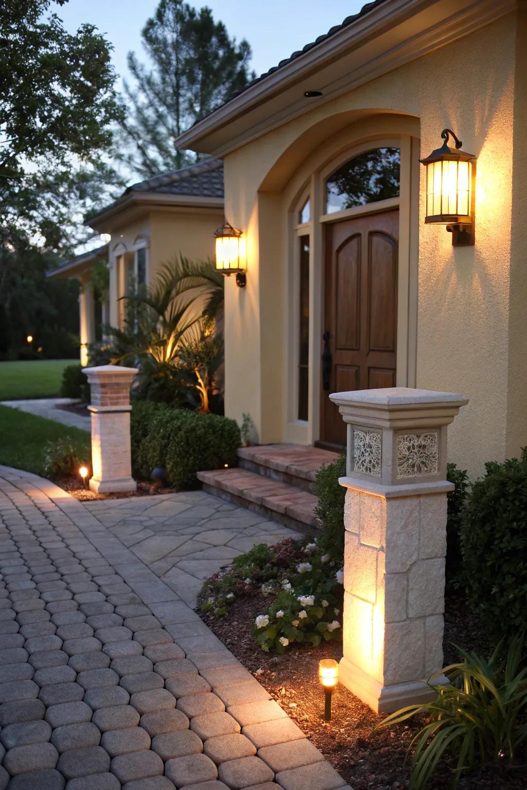 Welcome guests with warmly lit entry columns.