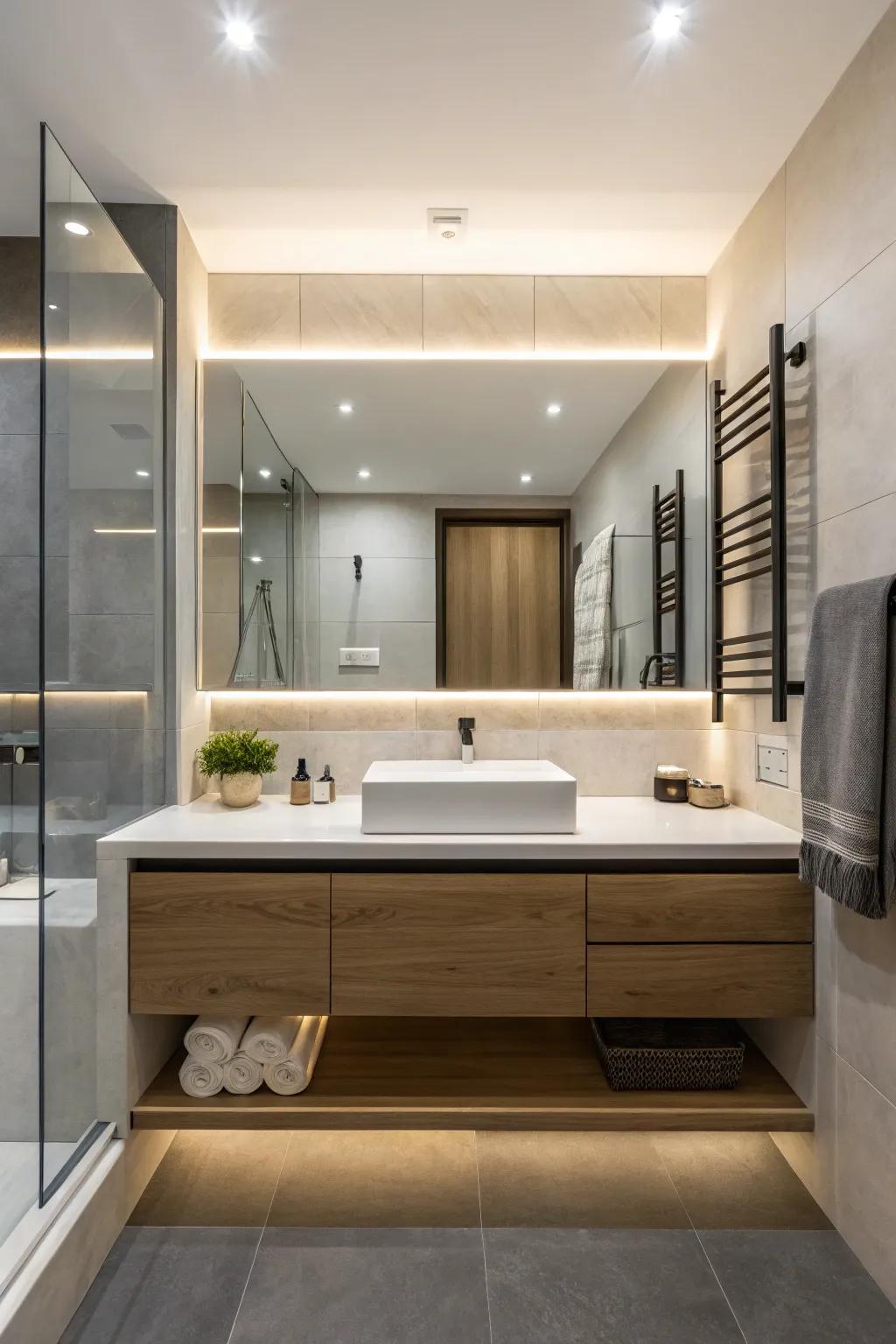 Bathroom featuring a sleek floating vanity.