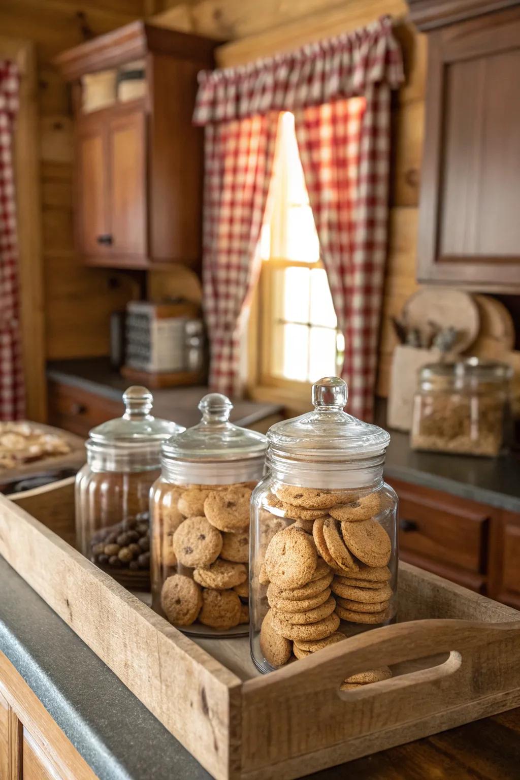 Country charm with wood serving piece displays.