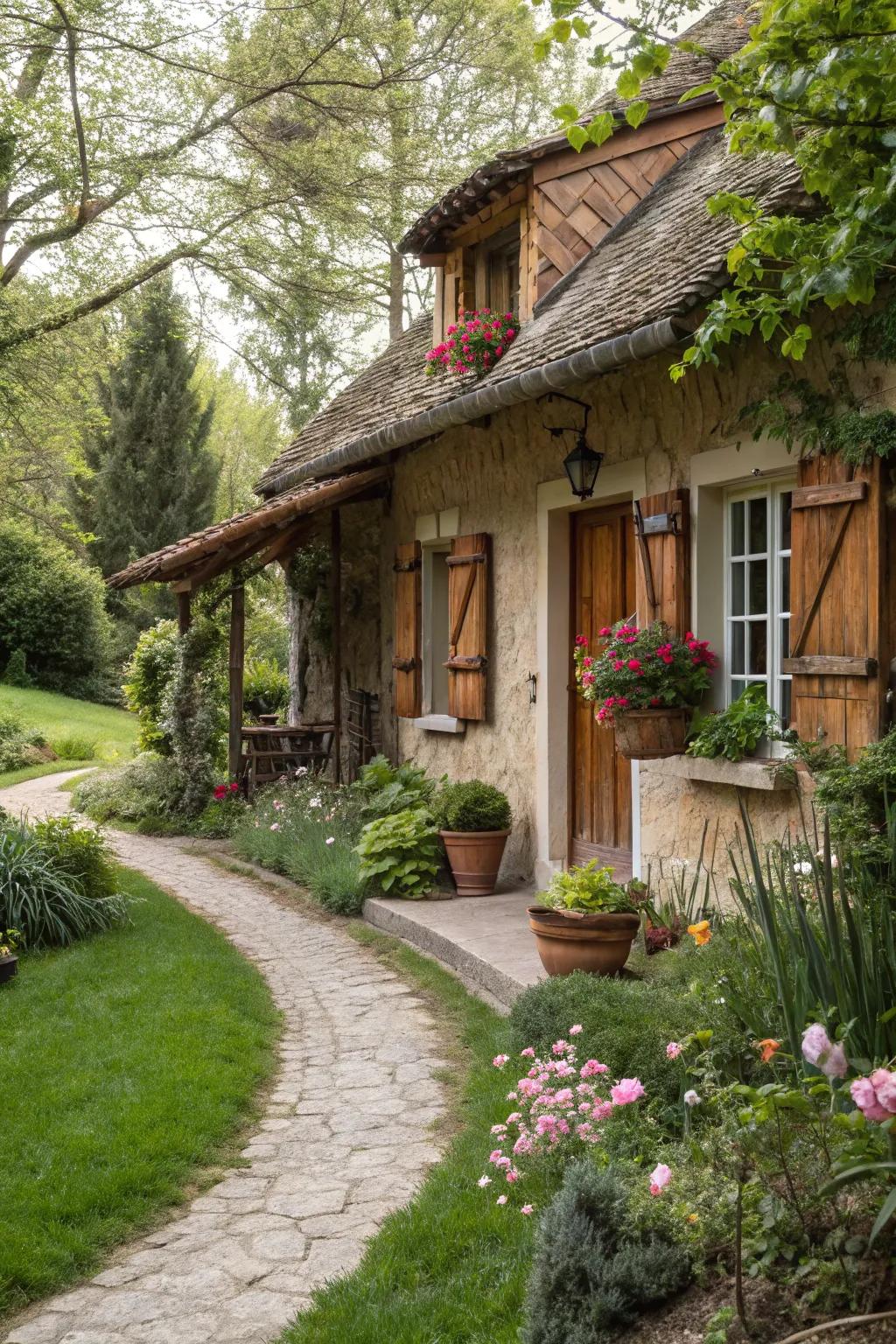 Functional shutters add rustic charm and practicality.