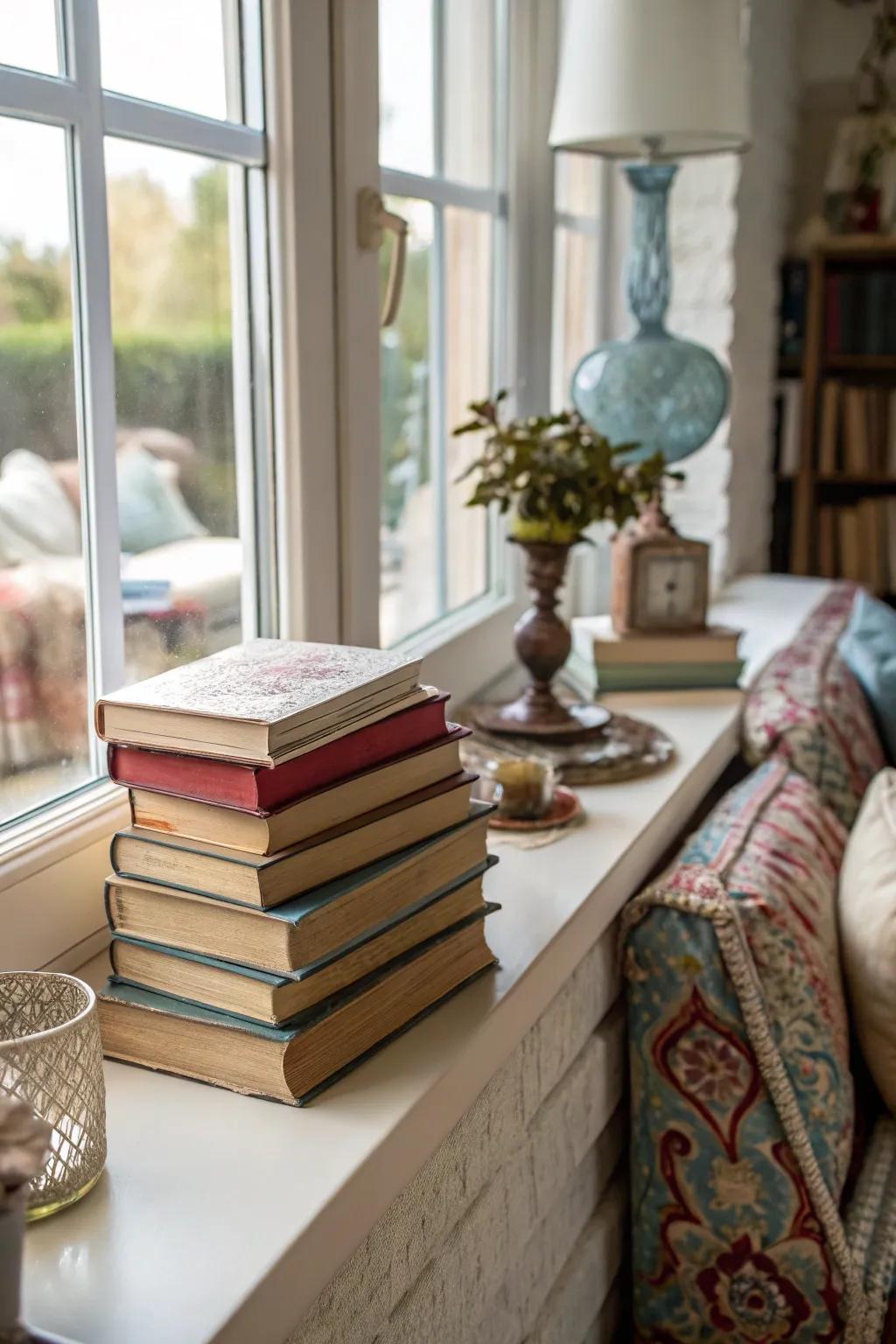 Stacks of books can serve as decorative elements in any room.