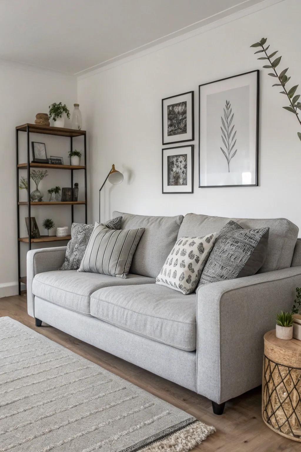 Monochrome cushions offer a seamless elegance to a grey sofa.