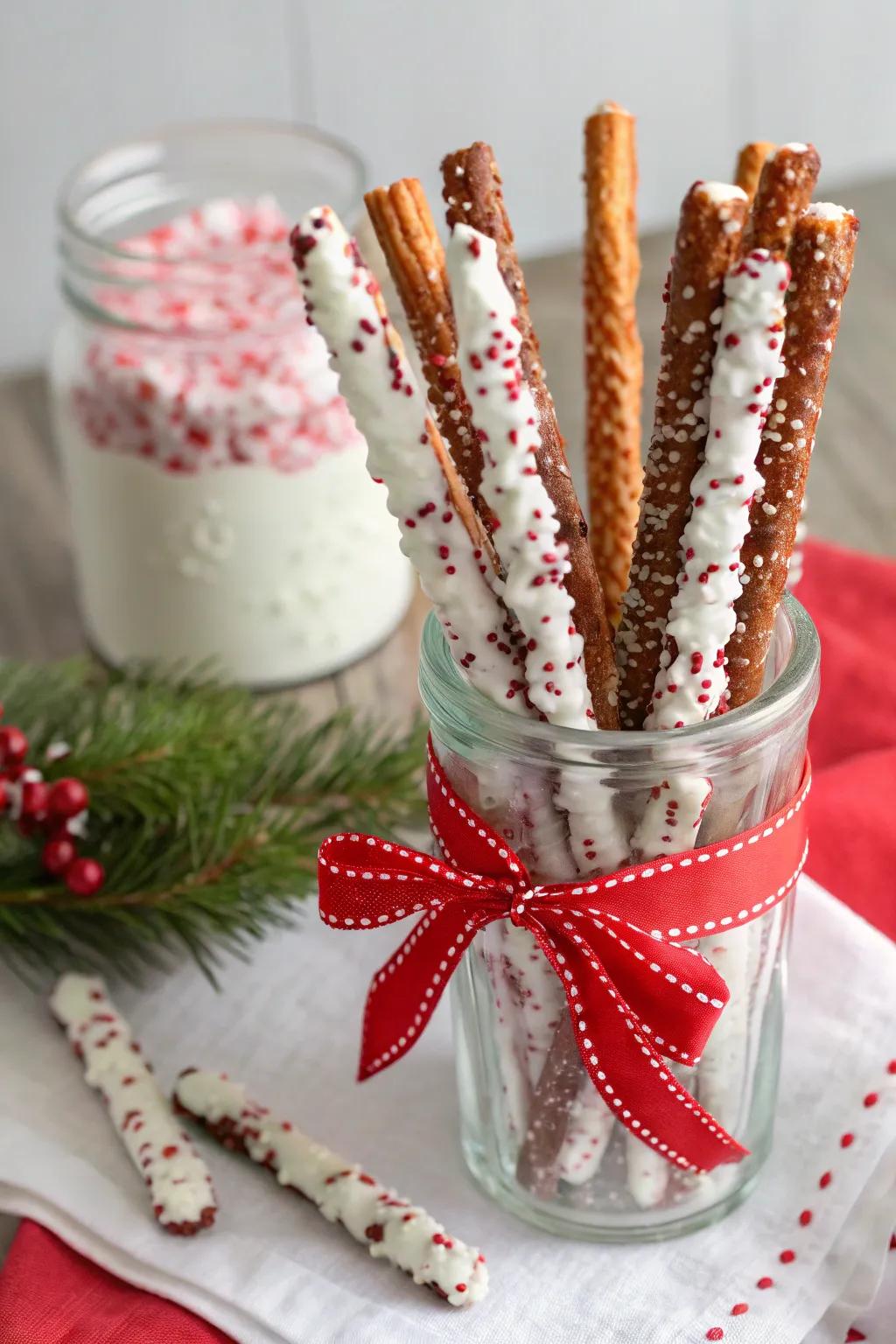 Scrumptious minty cracker dippers poised for holiday snacking.