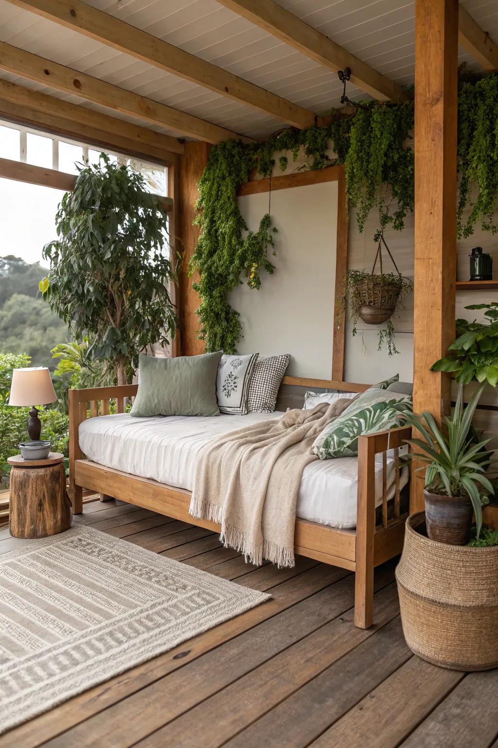 Daybed with natural materials and greenery