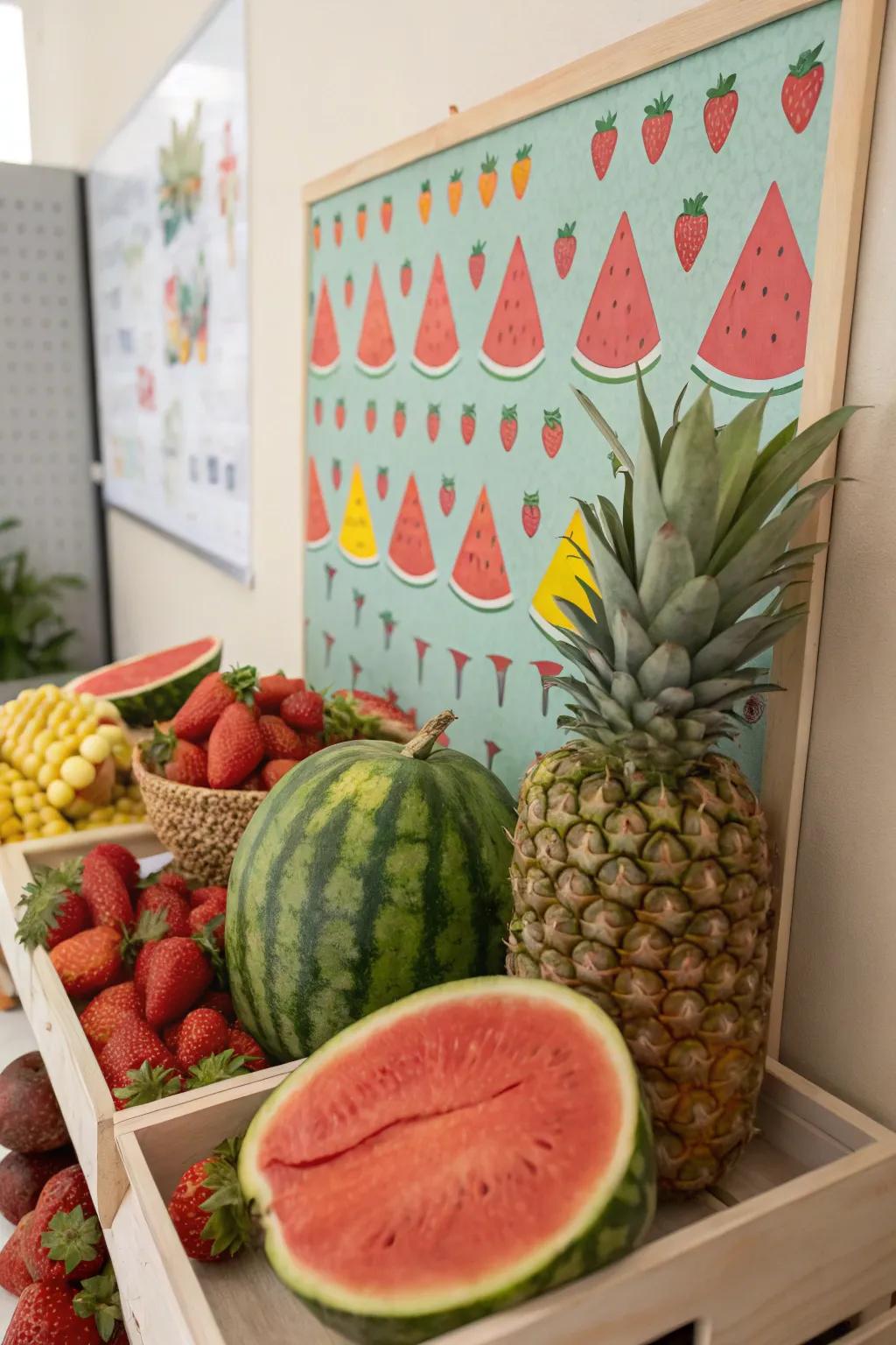 Fruit Fiesta bulletin board with vibrant fruit decorations.