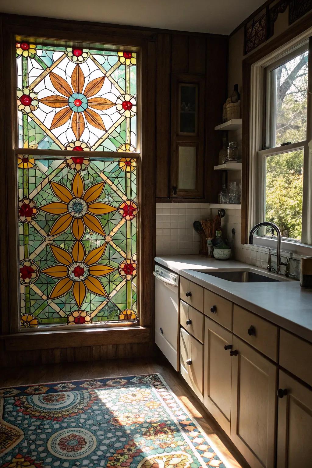 Stained glass window film adds privacy and beauty.