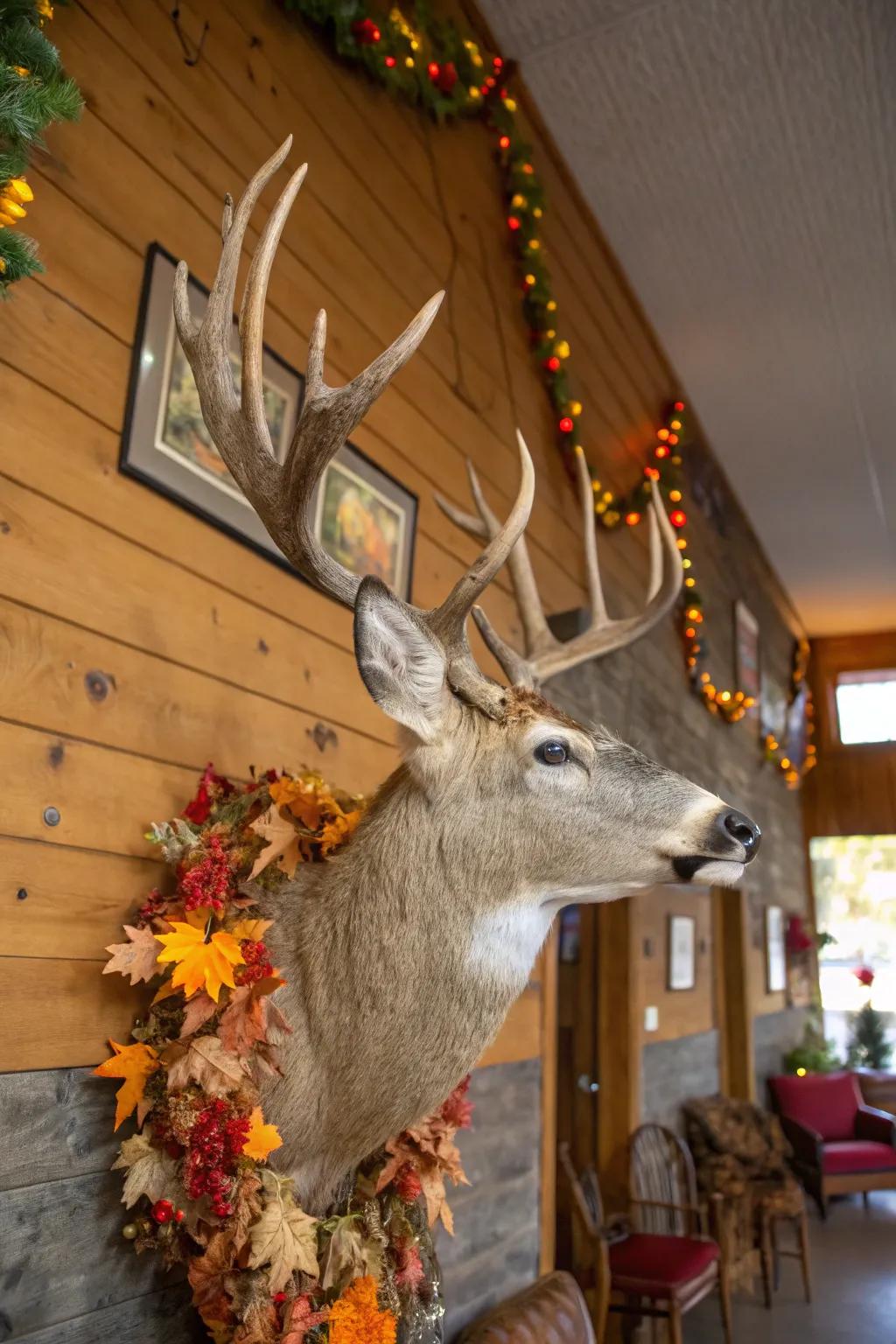 A deer mount adorned with themed decorations for year-round appeal.