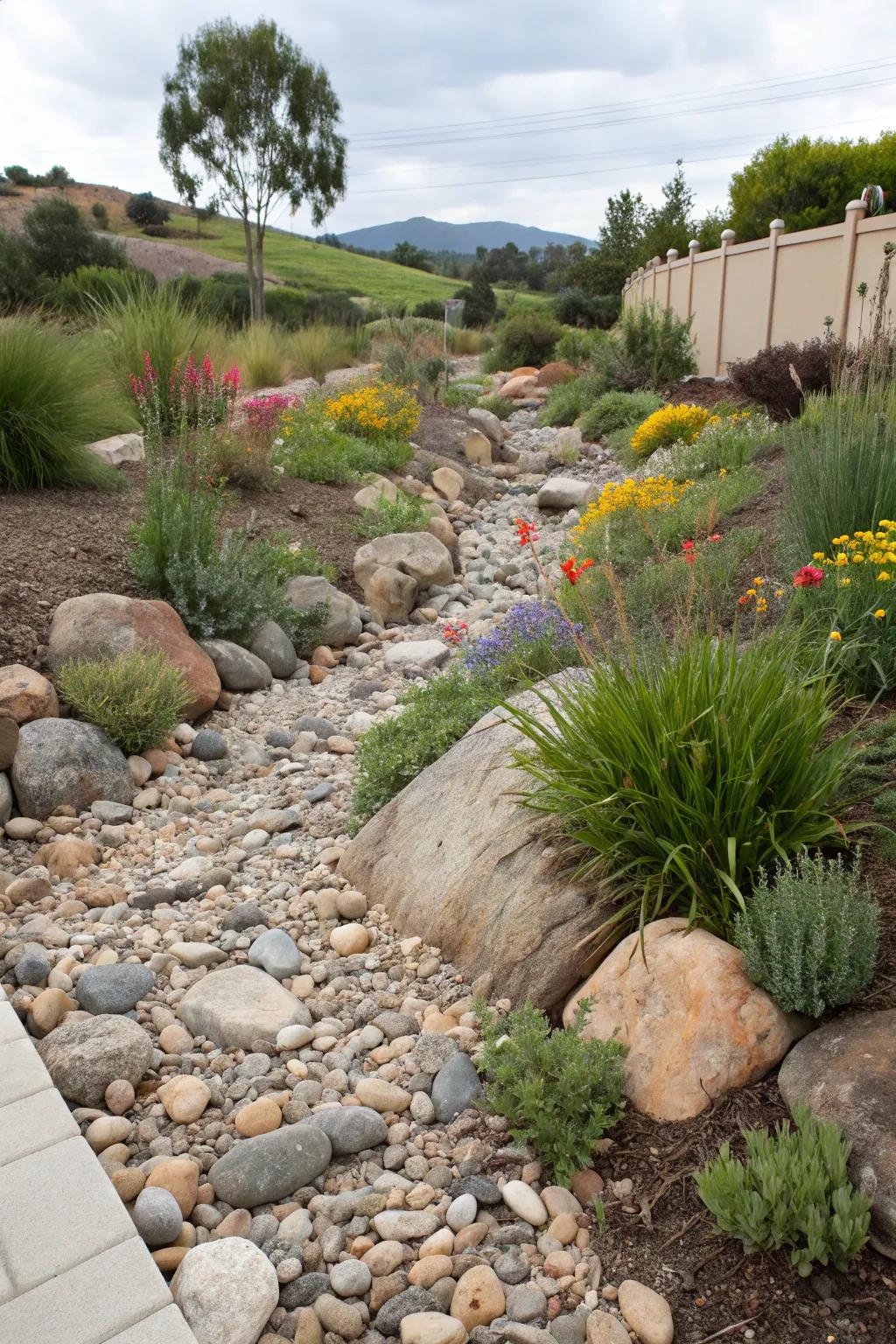 A dry riverbed introduces function and aesthetic appeal.