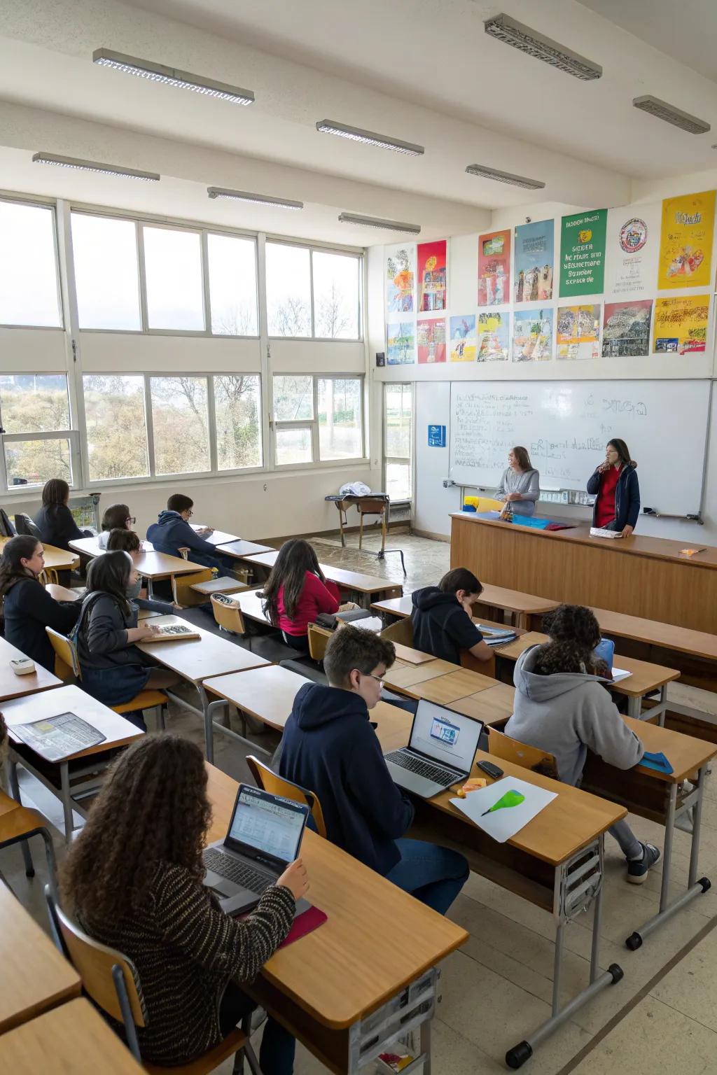 Stadium seating provides clear visibility and focus for classroom presentations.