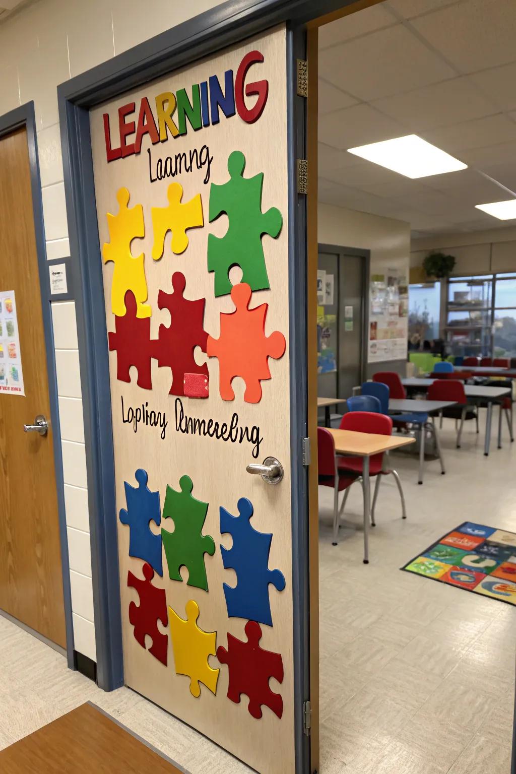 A collaborative puzzle door representing unity and learning.