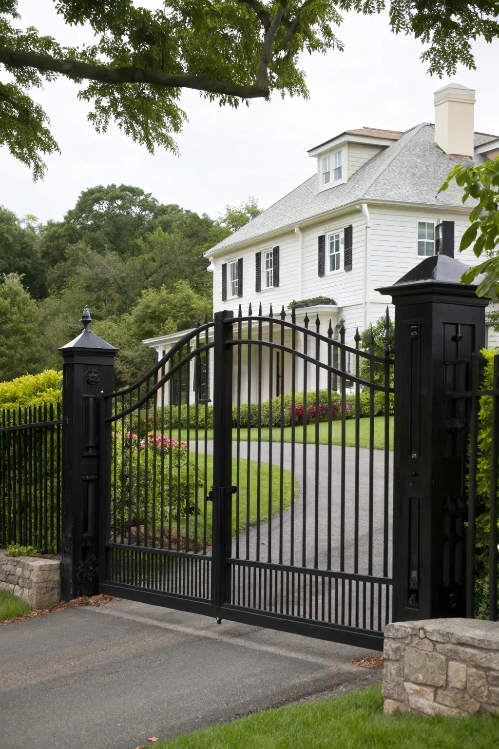A striking charcoal gate crafting a dramatic entrance against a white backdrop.