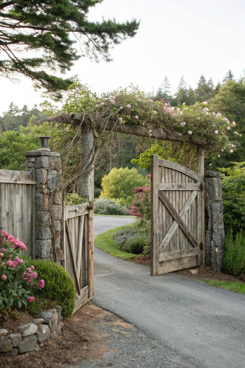 A rustic wooden gate provides warmth and privacy at this entrance.