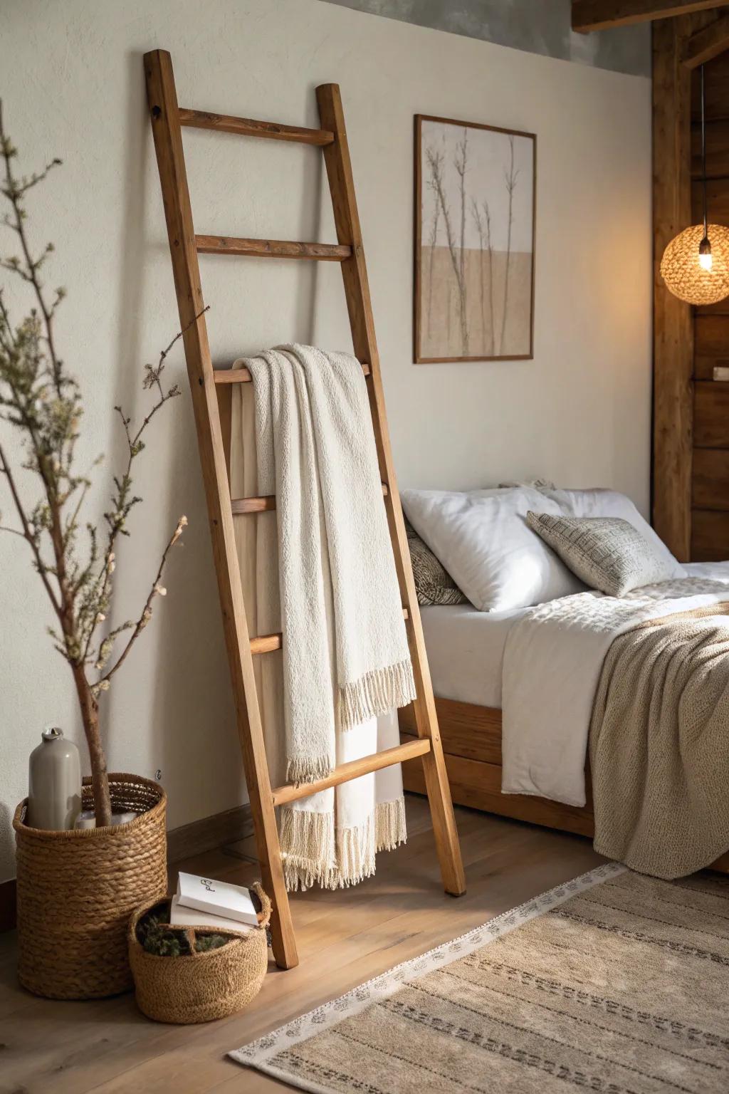 A ladder rack provides both style and function for duvet storage.