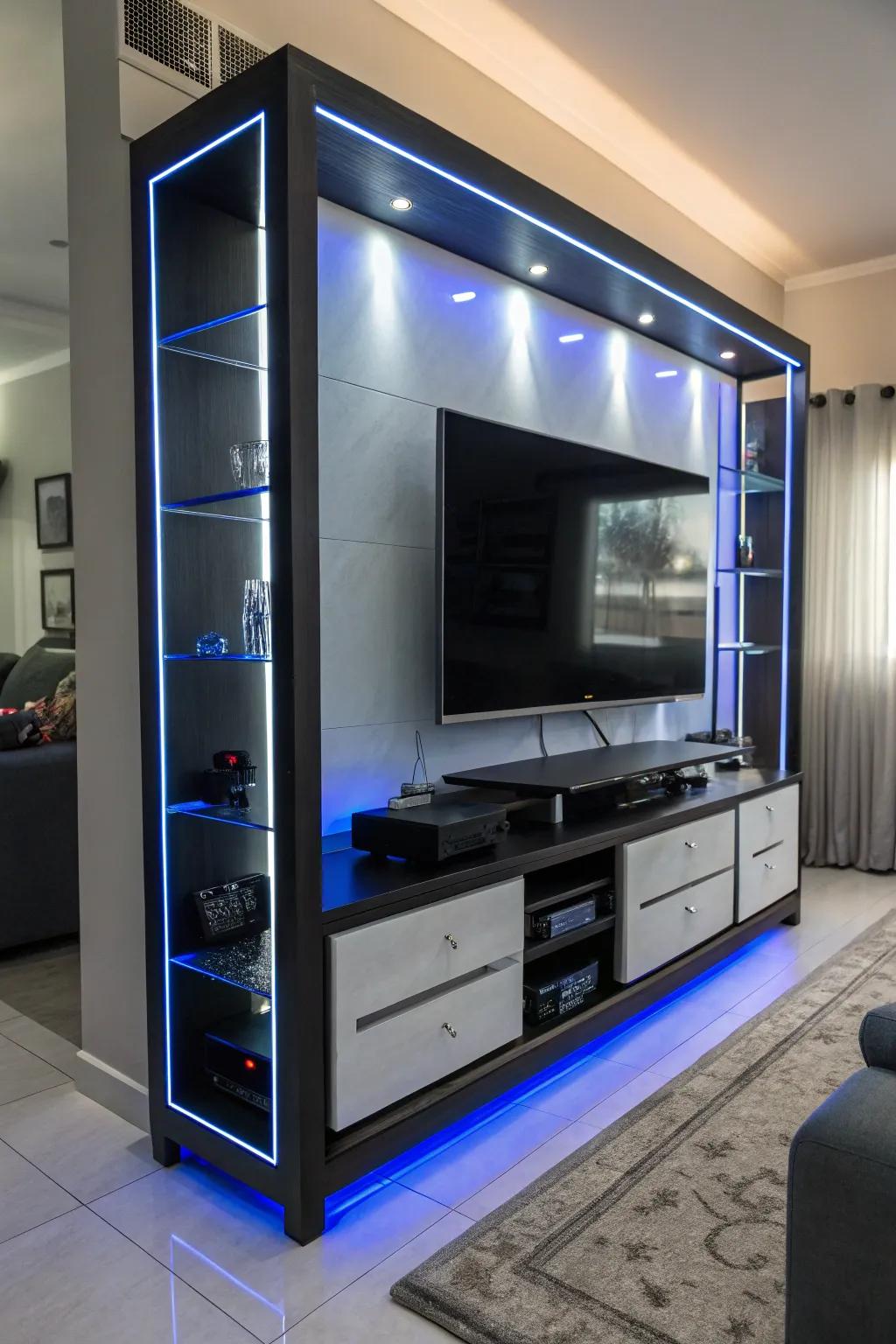 An entertainment center illuminated with stylish lighting.