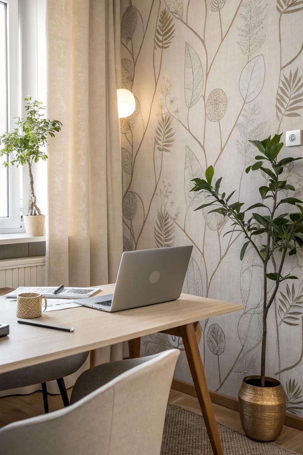 Muted tones in fabric wallpaper can create a serene and elegant office.