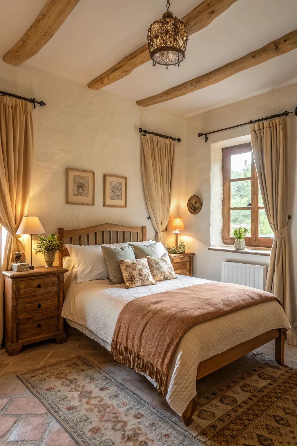 A cozy atmosphere is achieved through soft textures and inviting warm colors.