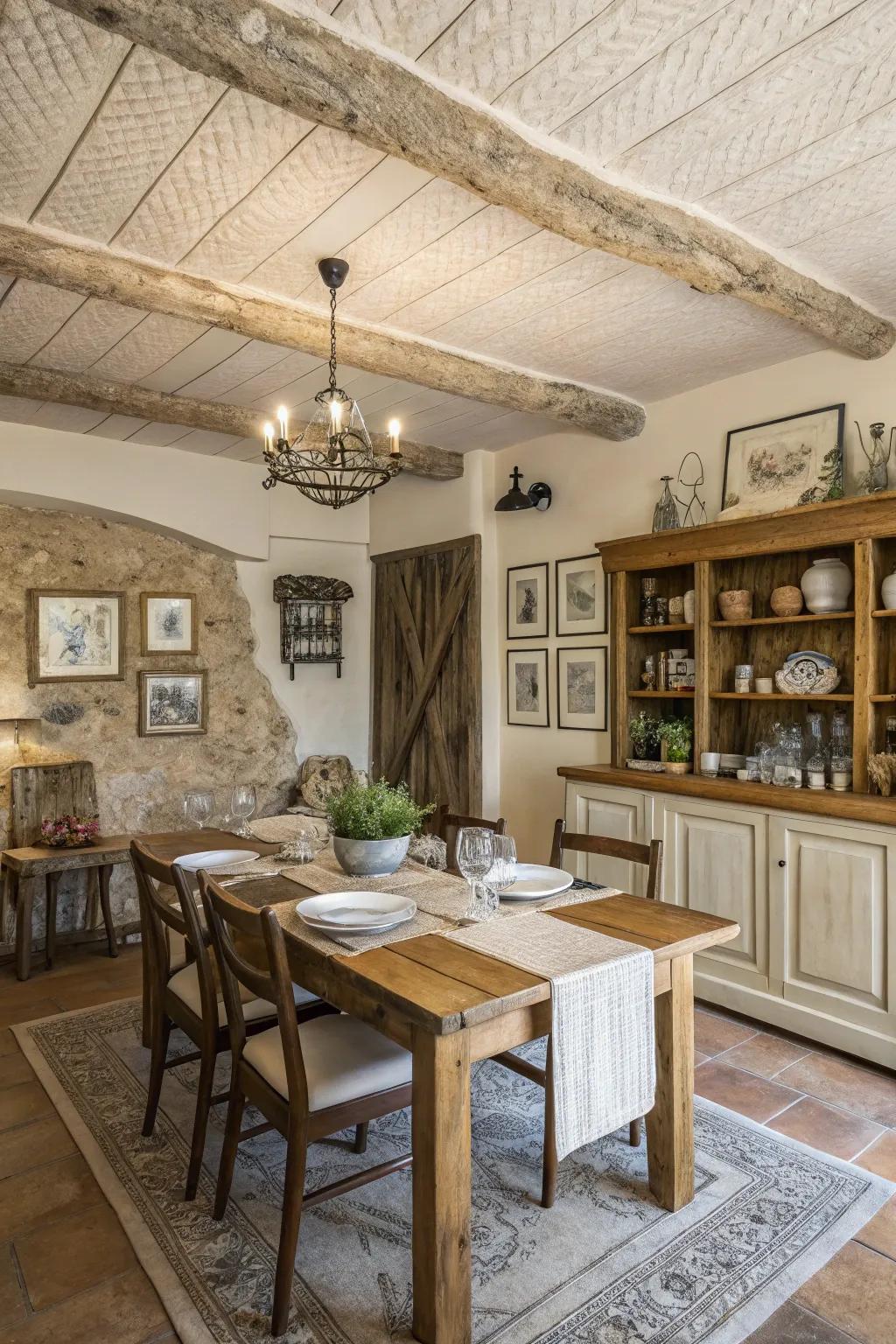 Textured ceilings add depth and interest to this farmhouse dining room.