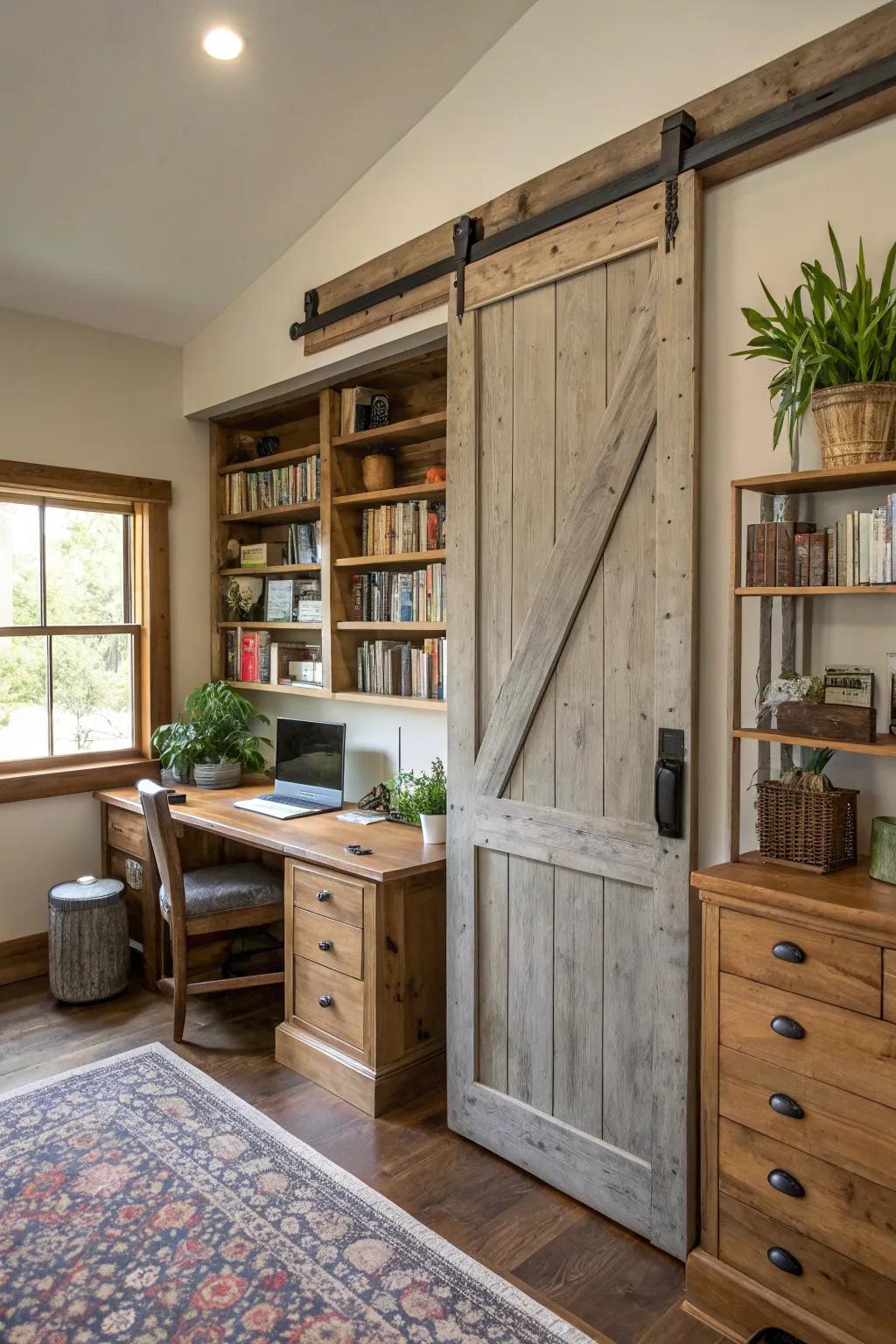 Sliding barn doors add authentic farmhouse charm.