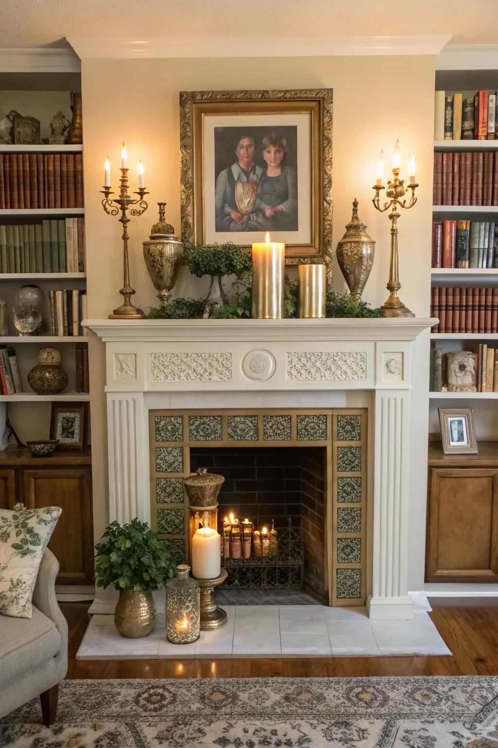 A faux fireplace adorned with a character-rich vintage mantel.