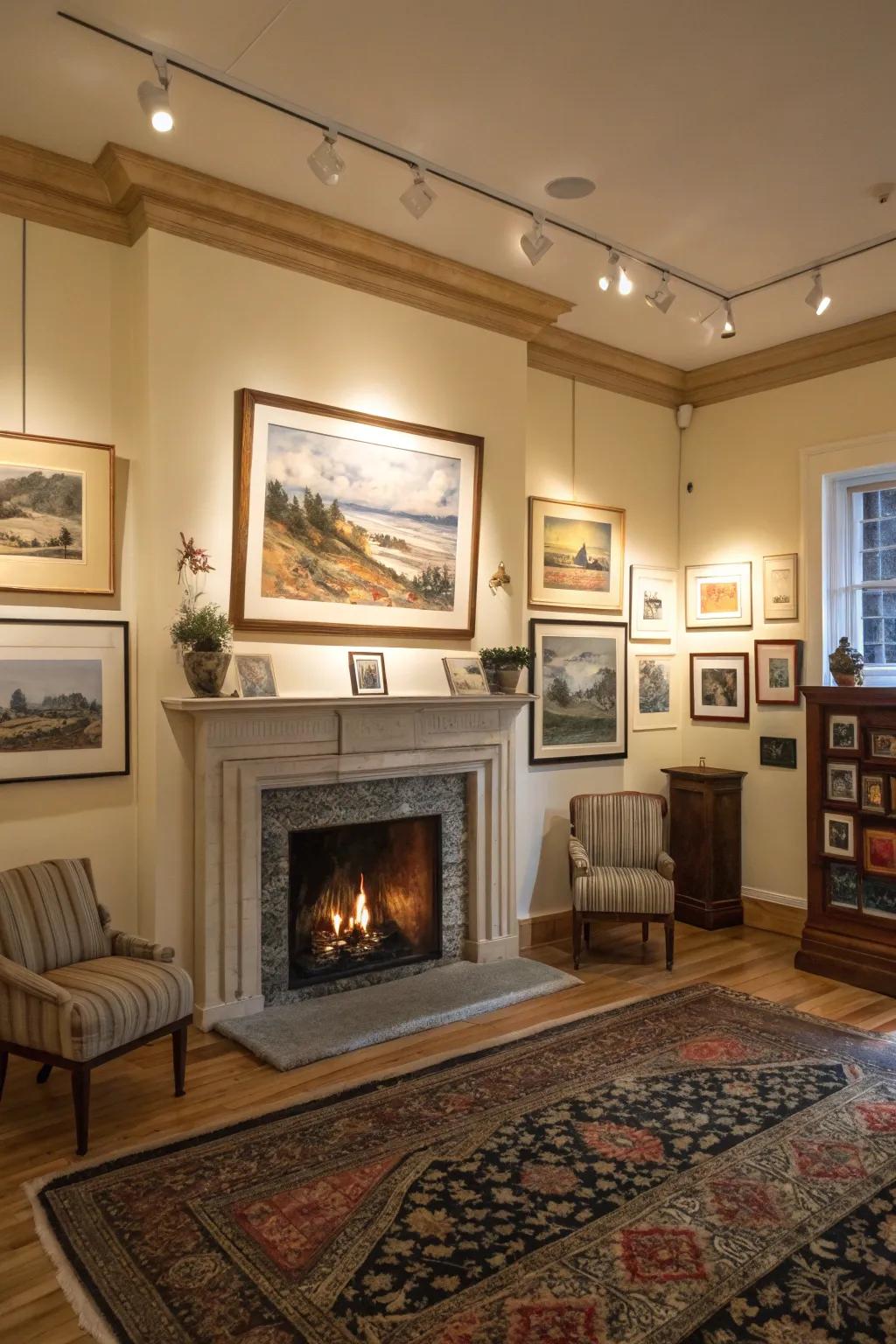 A gallery-like living room with a central fireplace surrounded by beautiful artwork.