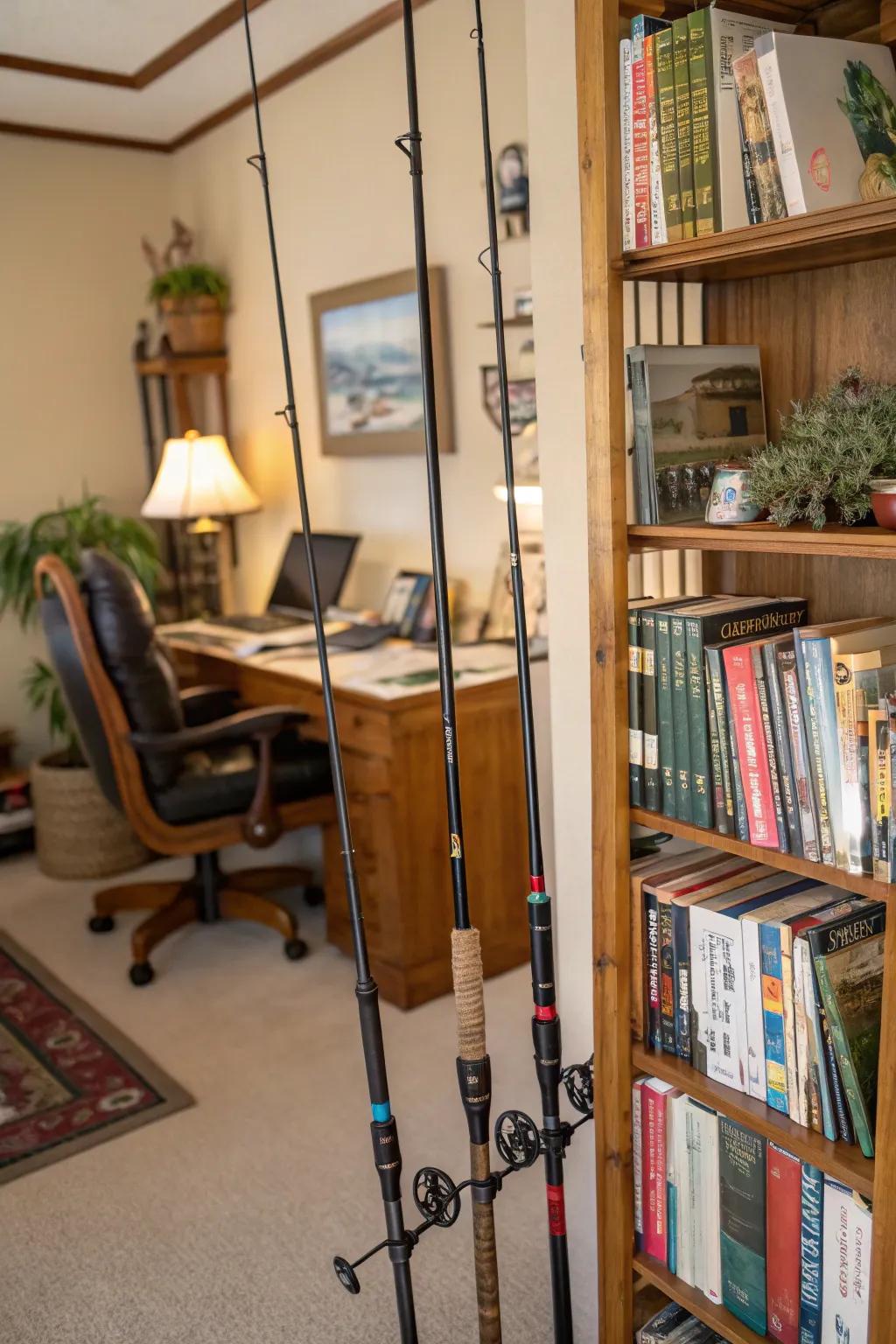 Fishing rods provide quirky support for stylish bookshelves.