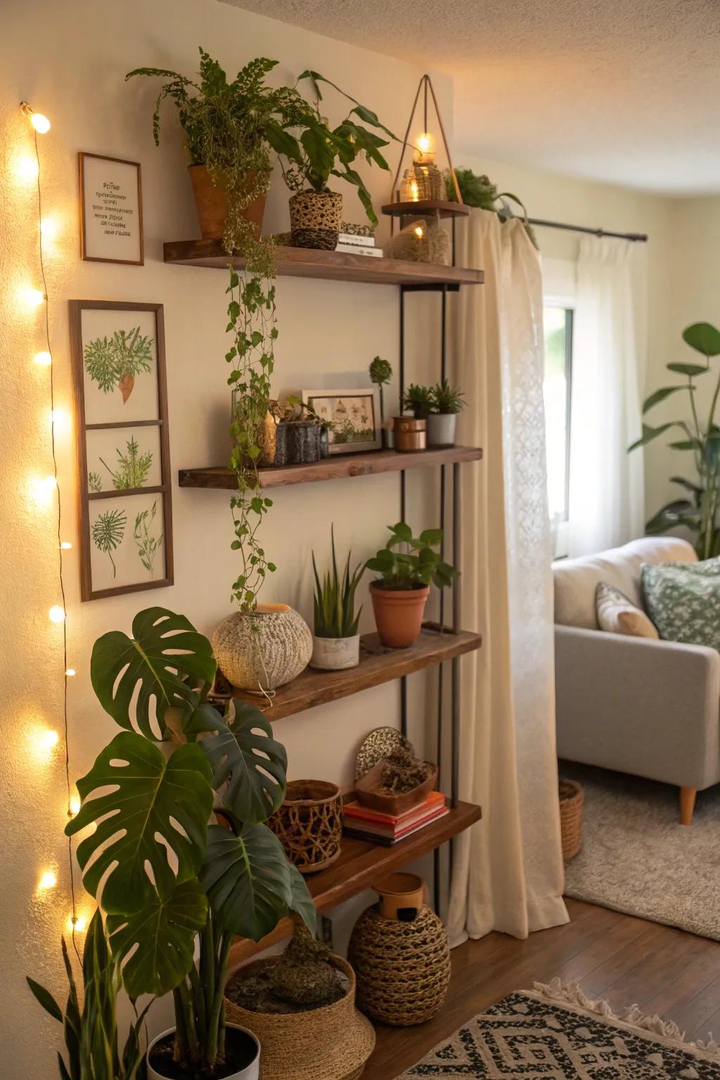 Corner floating shelves create a charming display area.