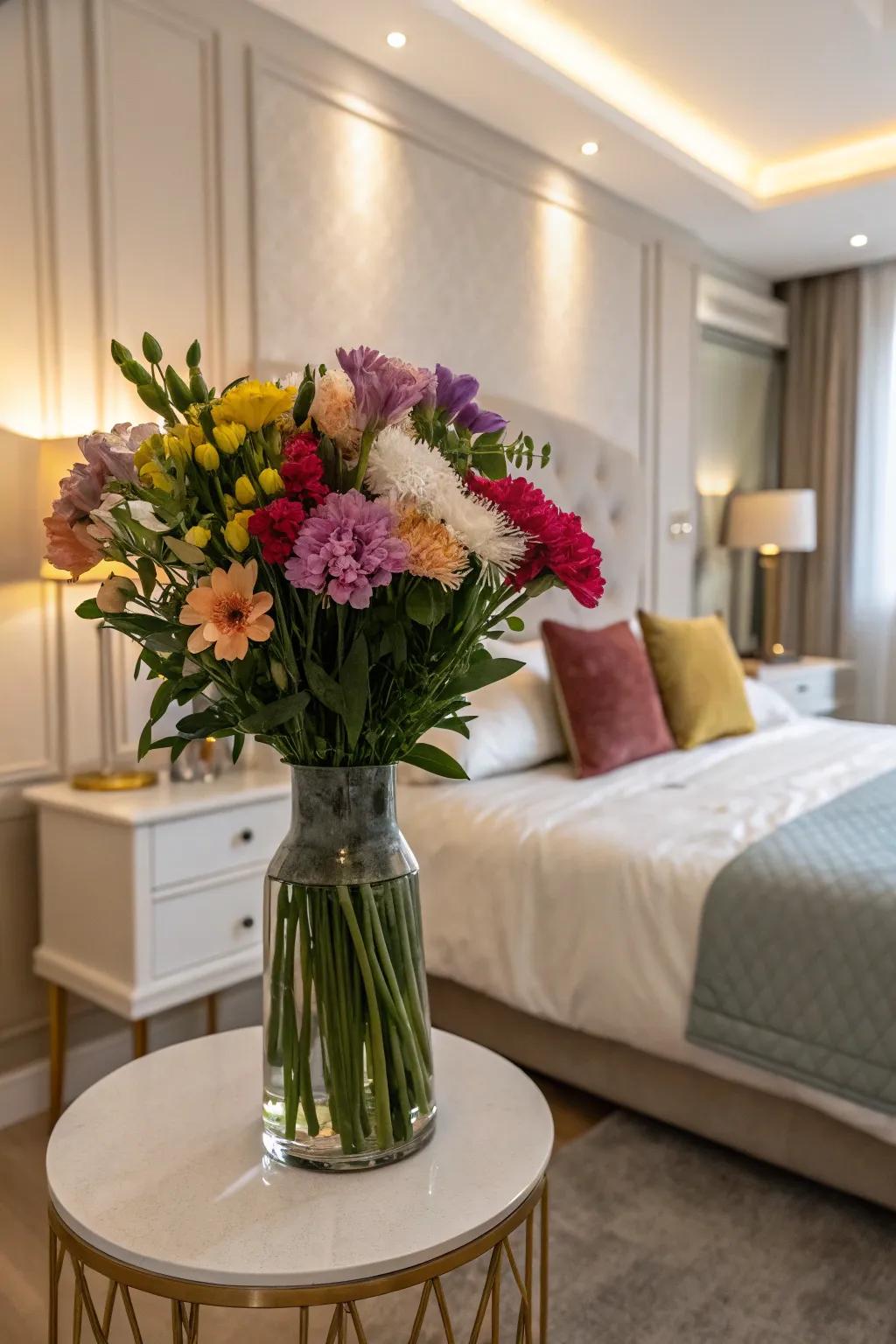 Start your day with cheerful blooms by your bedside.