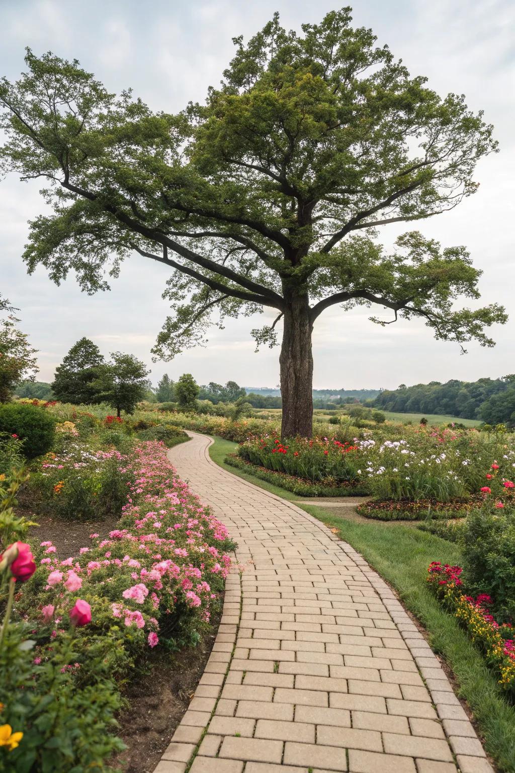 A charming paver pathway invites you to explore the flowers around this tree.