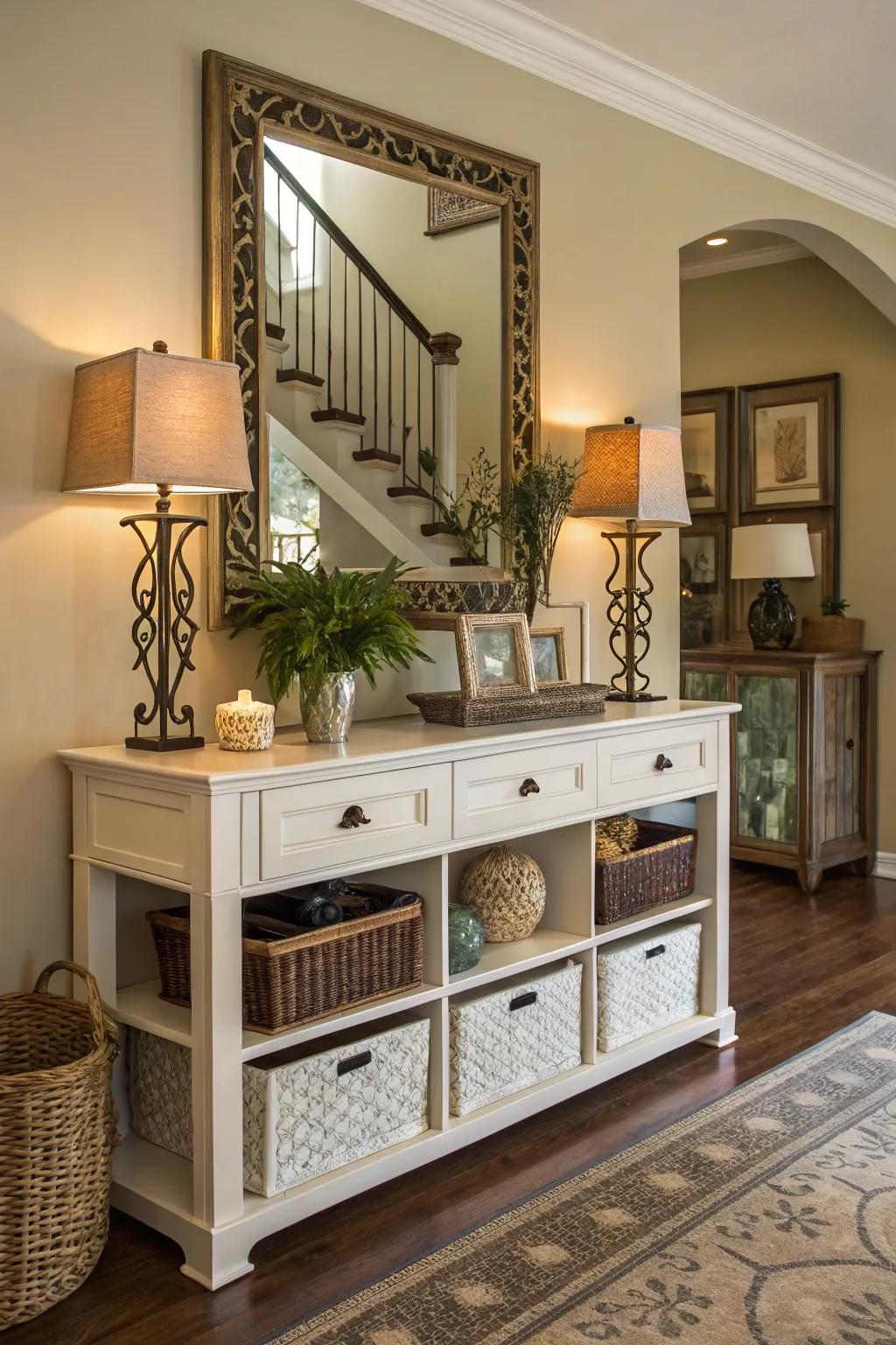 Functional storage keeps the foyer organized and clutter-free.