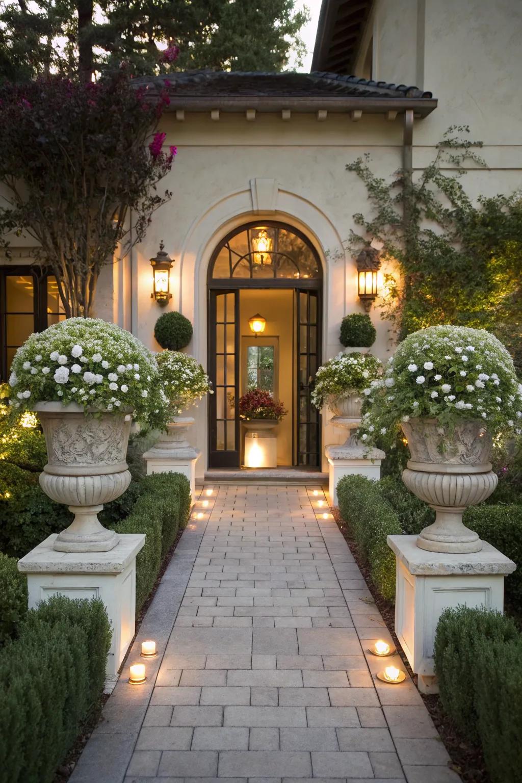 Symmetrical elements that provide balance and elegance to the front entrance.