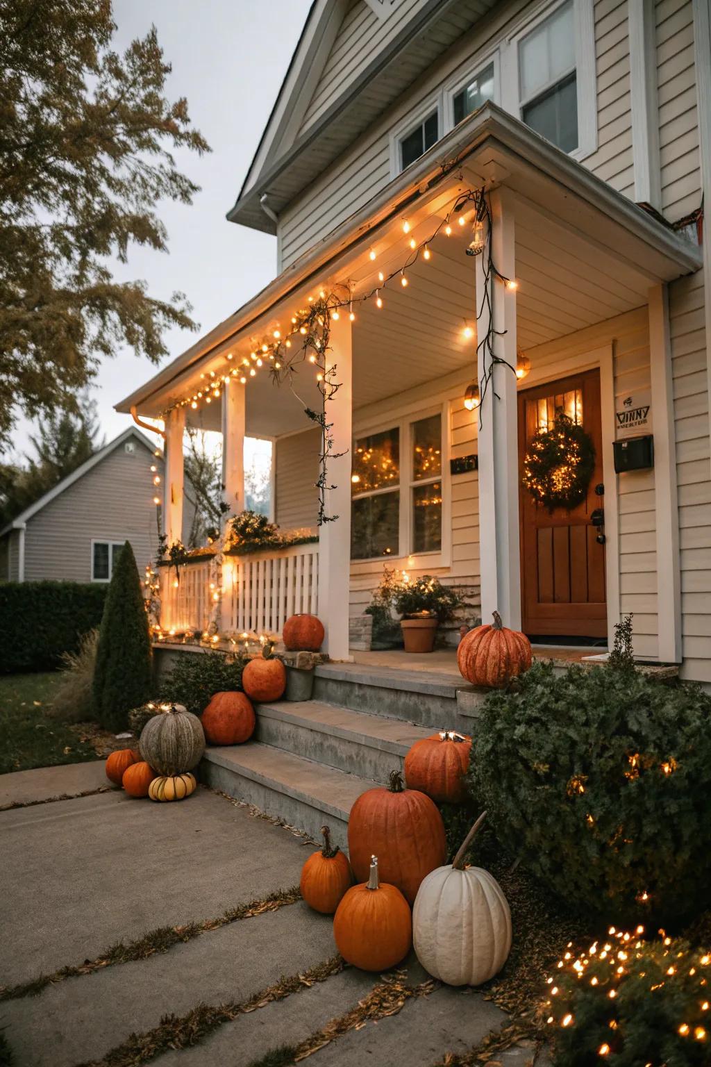 A front porch decorated with seasonal elements like pumpkins and lights.