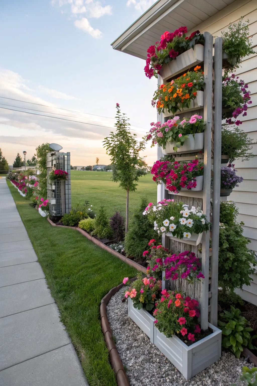 Vertical flower beds maximize space and add an intriguing dimension to the garden.