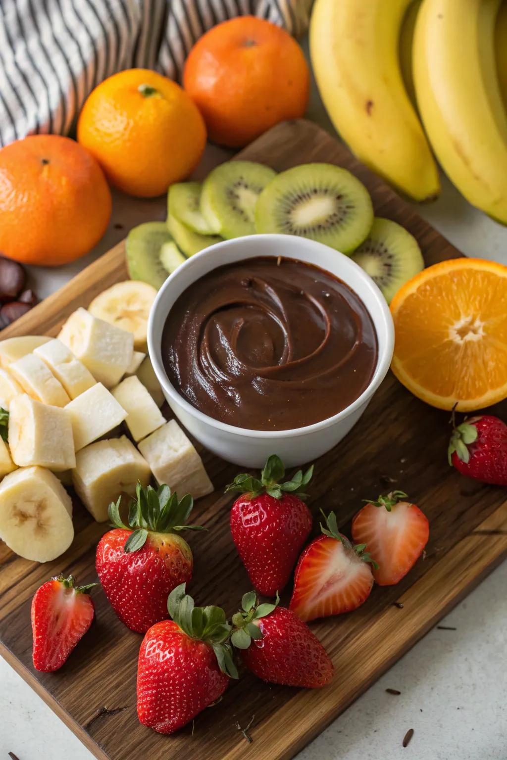 A decadent fruit tray with chocolate fondue for dipping.