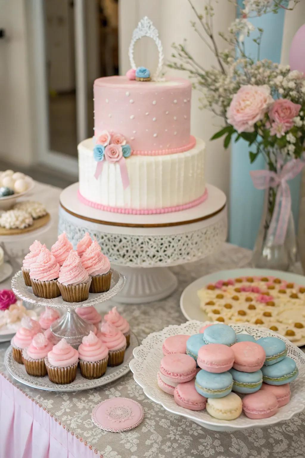 A beautifully decorated cake serves as a delicious centerpiece for the party.