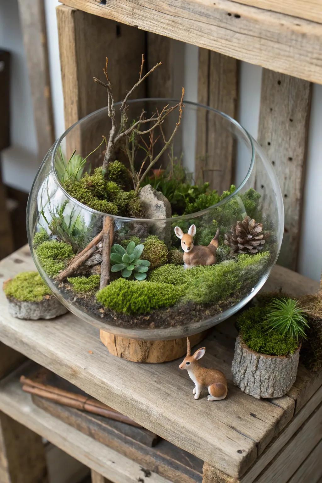 Arboreal charm is achieved with inherent components displayed inside a clear bowl.