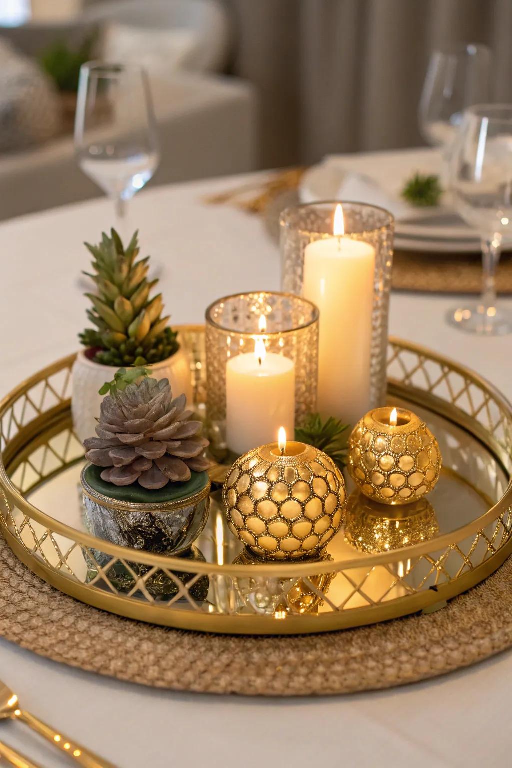 Gleaming and reflective gilded and mirrored serving plate display.