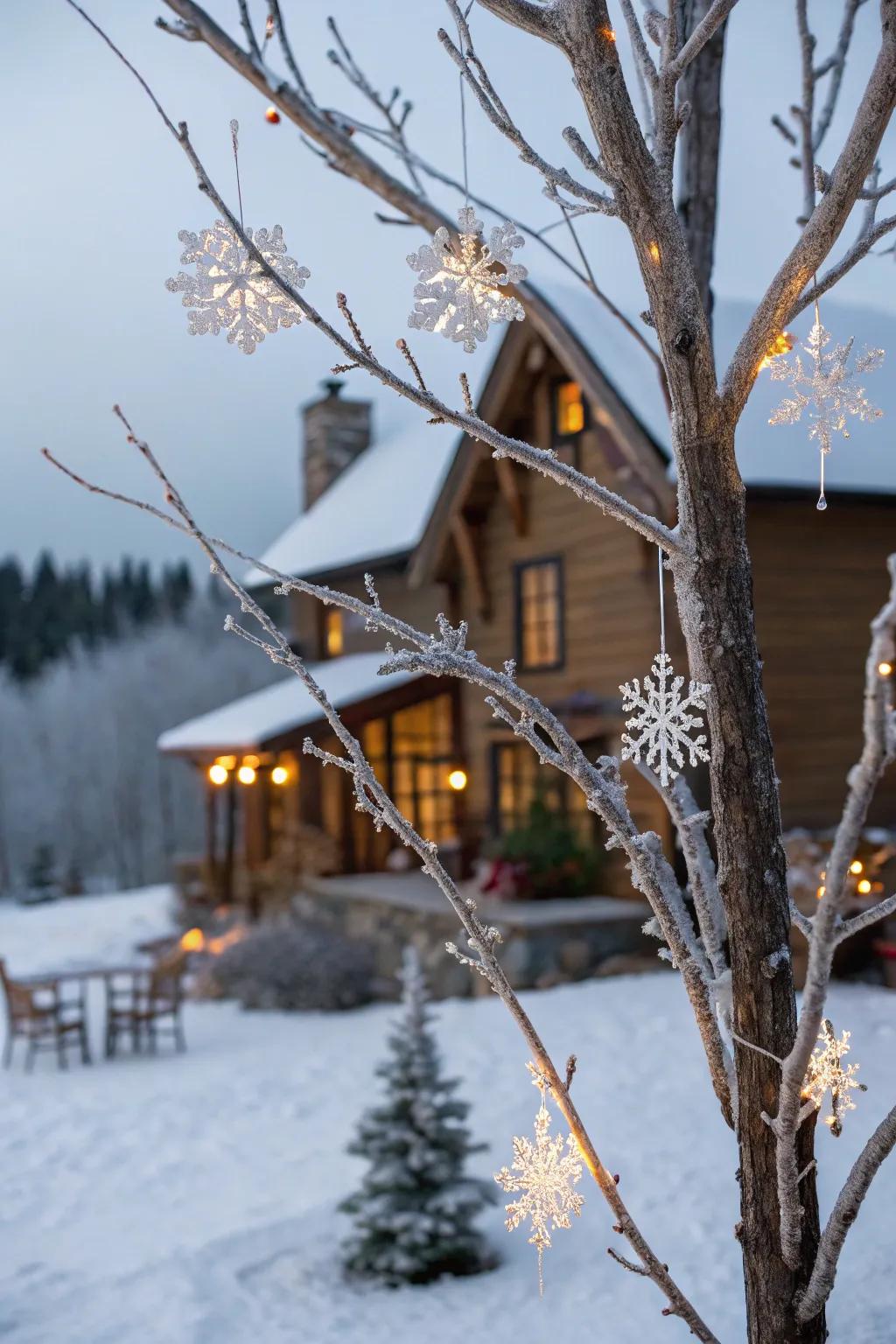 A grapevine tree transmuted into a glacial wonderland via frosted ornamentation.