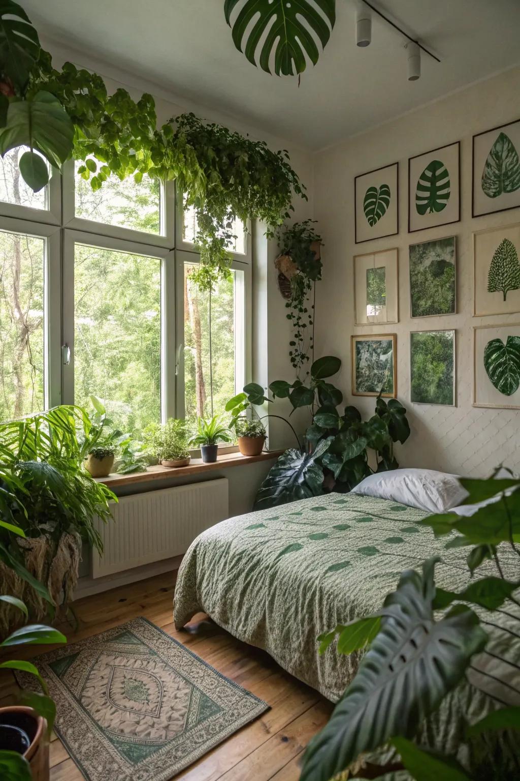 Leafy prints and plants turn a bedroom into a botanical paradise.