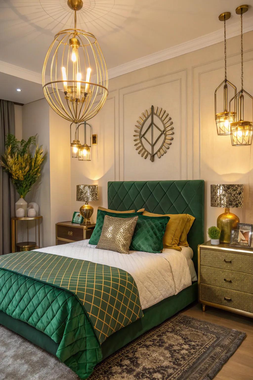 Green and metallic accents combine for a sophisticated and luxurious bedroom.