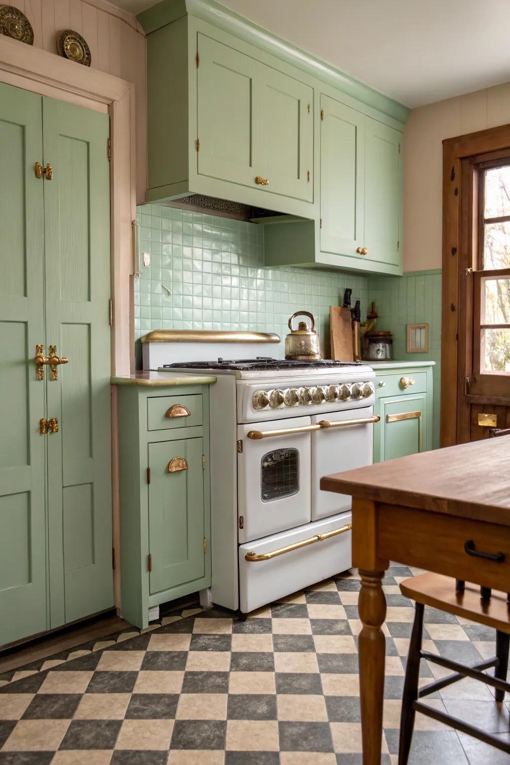 Charming kitchen with vintage vibes and pale green cabinets.