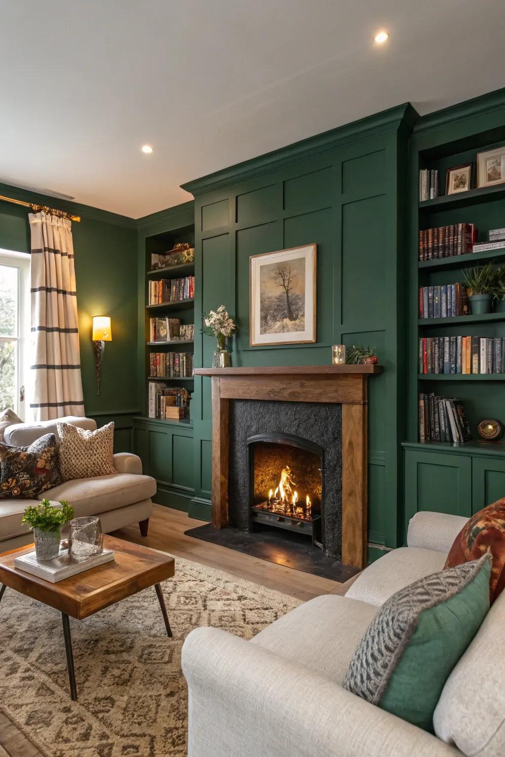 A dramatic living room with a forest green accent wall complementing the fireplace.