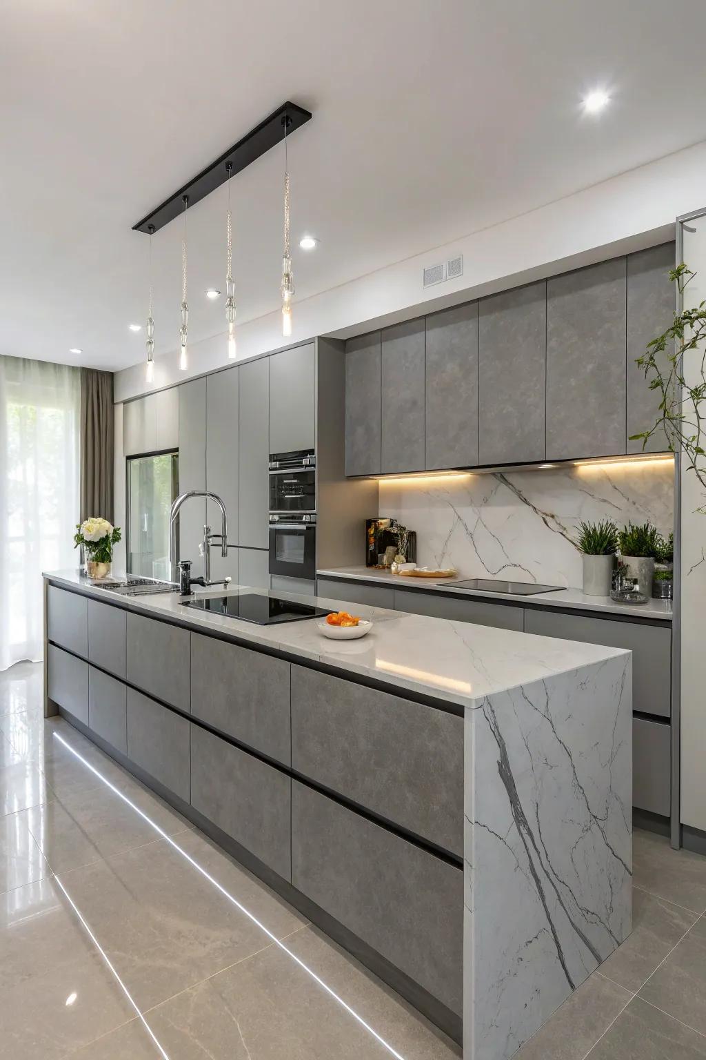 A kitchen featuring elegant waterfall edge grey countertops.