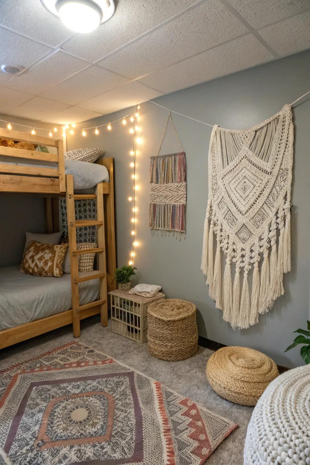 Boho textures add warmth to minimalist grey.