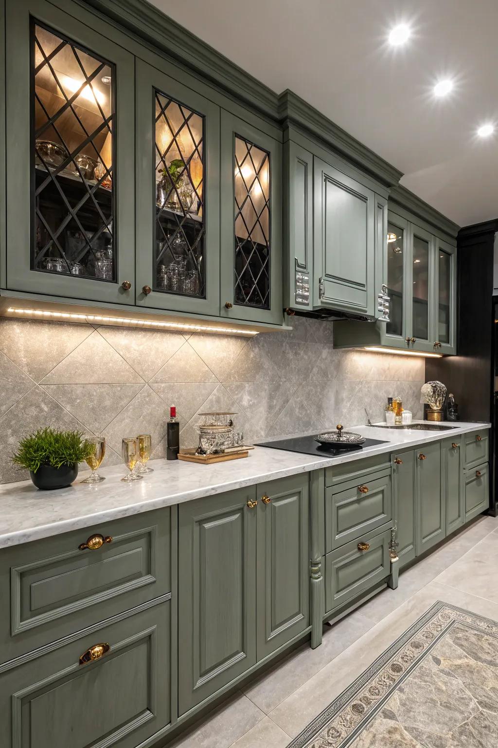 Dark accents create a moody atmosphere with grey-green cabinets.