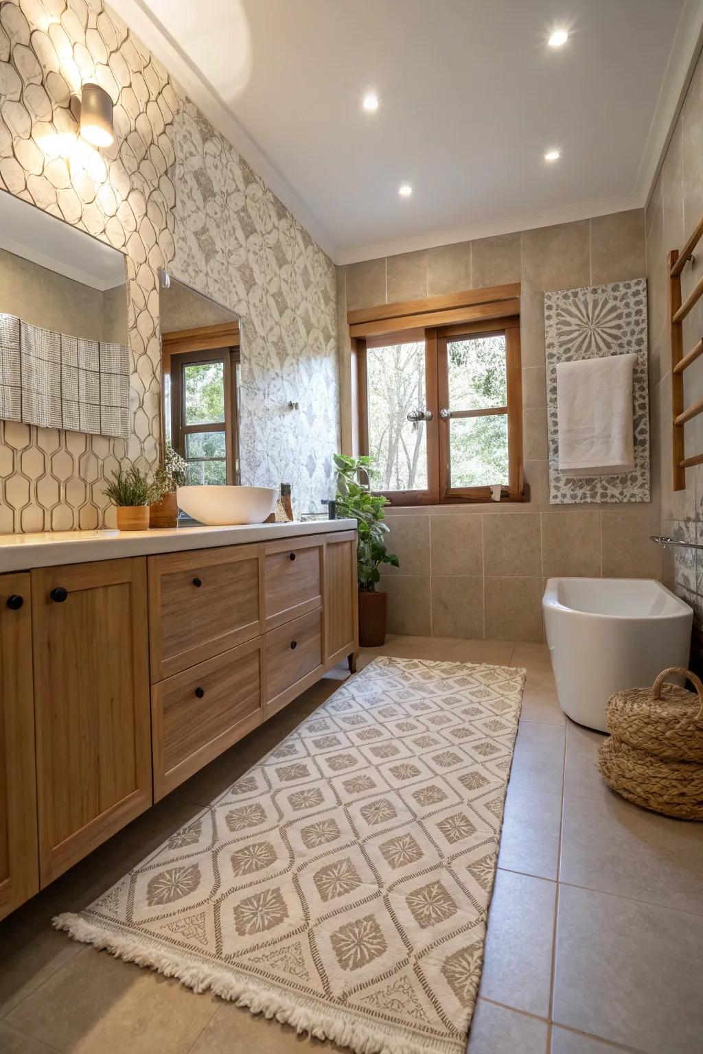 The design of this bathroom is given depth by textural contrast.