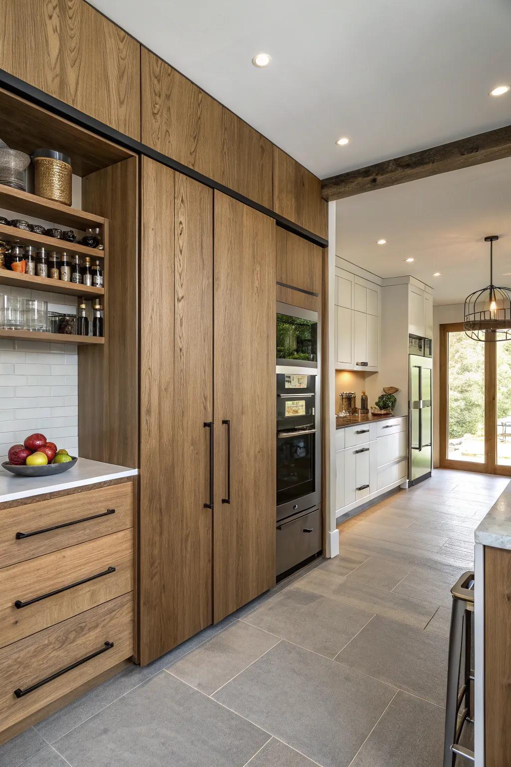 Wooden and modern finishes concealing a hidden pantry in the kitchen.