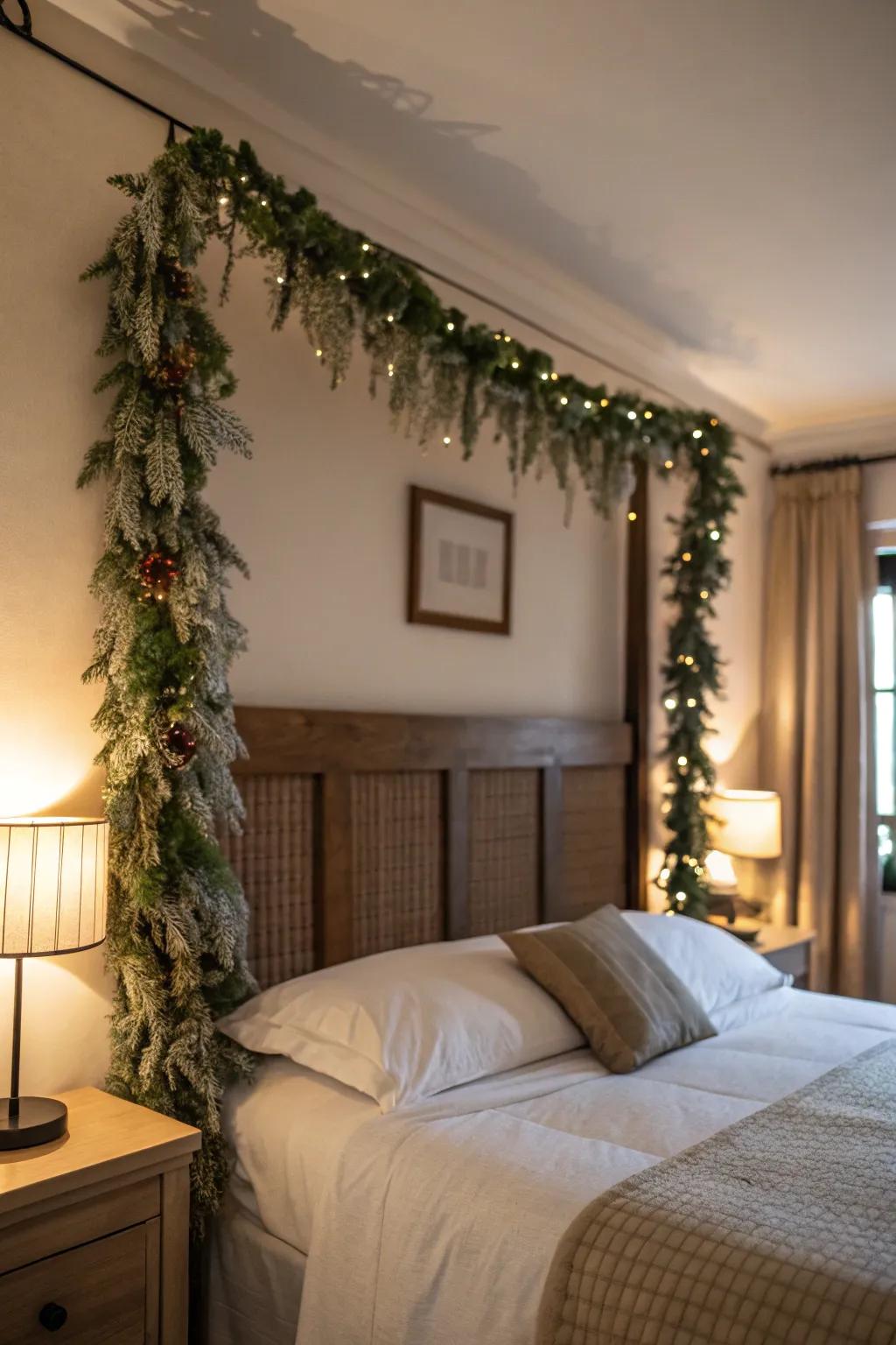 An agreeable room headboard adorned with glittery chain decorations.